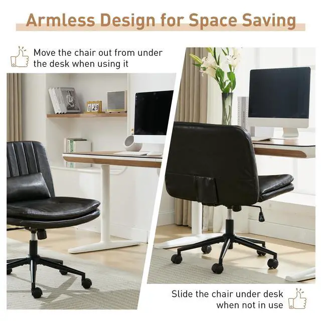 Alt view image 6 of 6 - Dual Layer Criss Cross Legged Chair with Wheels, Comfy Rolling Office Desk Armless Chair with Pillows, Wide Swivel Vanity Chairs Computer Task Chair for Makeup, Bedroom (PU Leather Black)