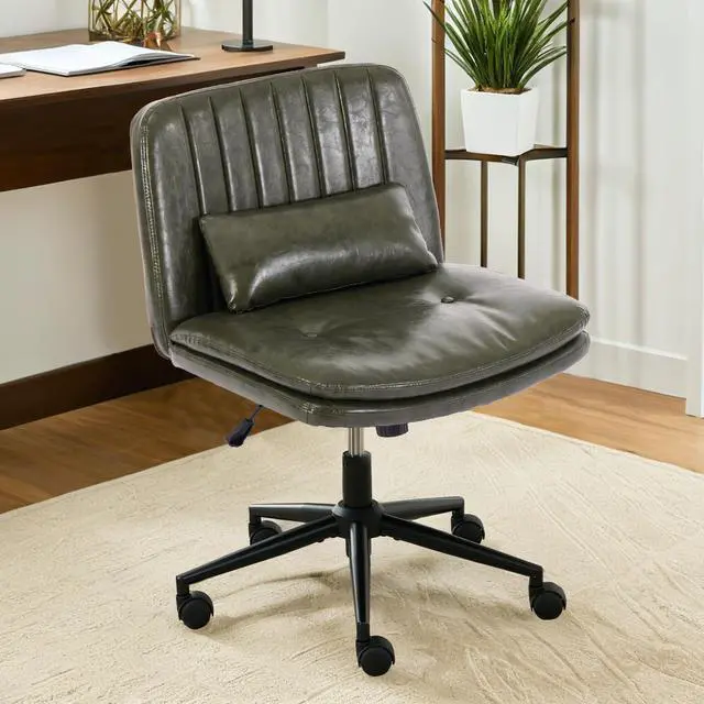 Main image of Dual Layer Criss Cross Legged Chair with Wheels, Comfy Rolling Office Desk Armless Chair with Pillows, Wide Swivel Vanity Chairs Computer Task Chair for Makeup, Bedroom (PU Leather Green)