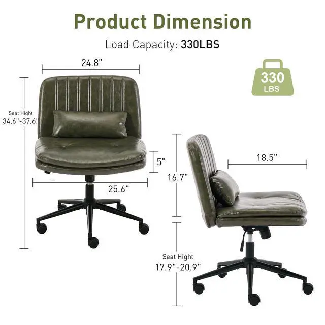 Alt view image 2 of 6 - Dual Layer Criss Cross Legged Chair with Wheels, Comfy Rolling Office Desk Armless Chair with Pillows, Wide Swivel Vanity Chairs Computer Task Chair for Makeup, Bedroom (PU Leather Green)