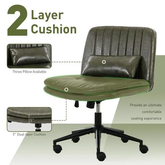 Alt view image 3 of 6 - Dual Layer Criss Cross Legged Chair with Wheels, Comfy Rolling Office Desk Armless Chair with Pillows, Wide Swivel Vanity Chairs Computer Task Chair for Makeup, Bedroom (PU Leather Green)