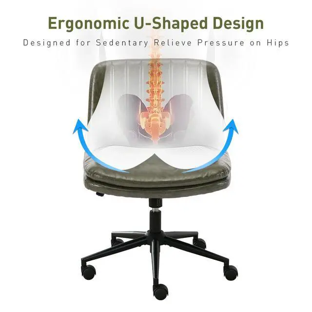 Alt view image 4 of 6 - Dual Layer Criss Cross Legged Chair with Wheels, Comfy Rolling Office Desk Armless Chair with Pillows, Wide Swivel Vanity Chairs Computer Task Chair for Makeup, Bedroom (PU Leather Green)