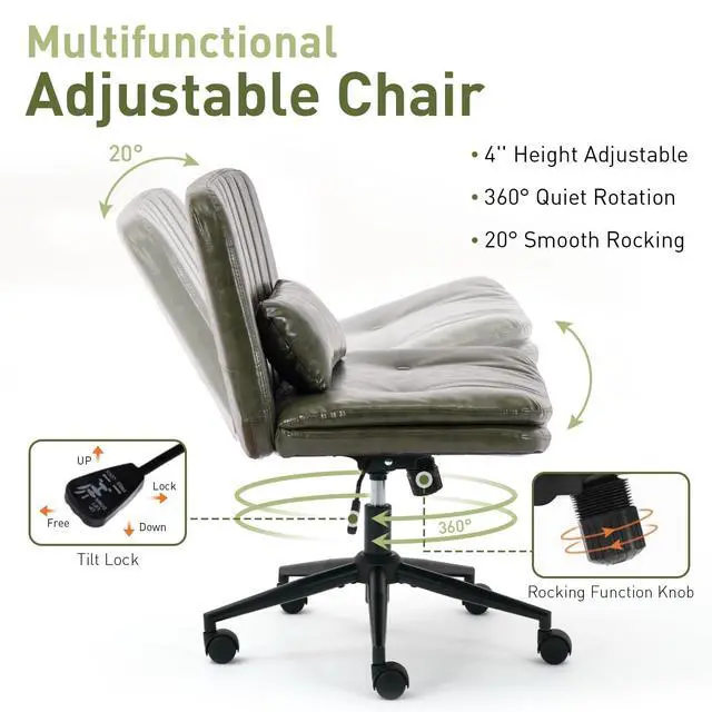 Alt view image 5 of 6 - Dual Layer Criss Cross Legged Chair with Wheels, Comfy Rolling Office Desk Armless Chair with Pillows, Wide Swivel Vanity Chairs Computer Task Chair for Makeup, Bedroom (PU Leather Green)