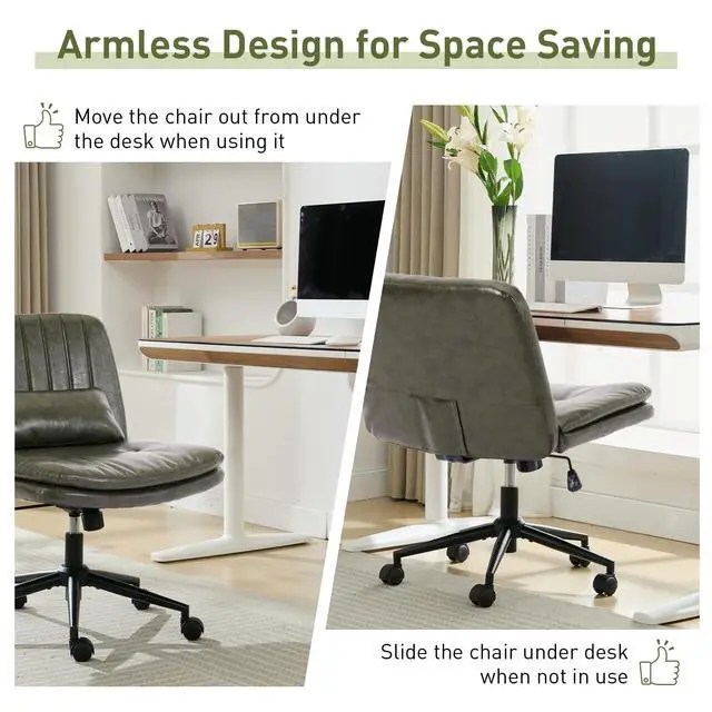 Alt view image 6 of 6 - Dual Layer Criss Cross Legged Chair with Wheels, Comfy Rolling Office Desk Armless Chair with Pillows, Wide Swivel Vanity Chairs Computer Task Chair for Makeup, Bedroom (PU Leather Green)