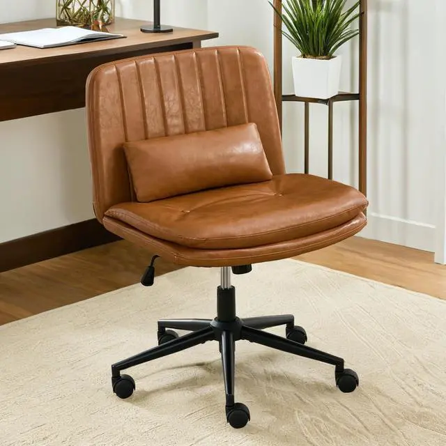 Main image of Dual Layer Criss Cross Legged Chair with Wheels, Comfy Rolling Office Desk Armless Chair with Pillows, Wide Swivel Vanity Chairs Computer Task Chair for Makeup, Bedroom (PU Leather Brown)