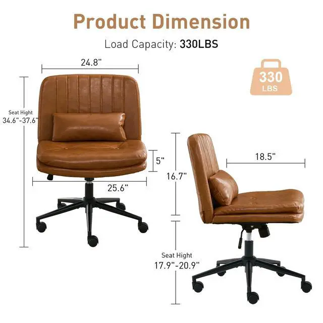 Alt view image 2 of 6 - Dual Layer Criss Cross Legged Chair with Wheels, Comfy Rolling Office Desk Armless Chair with Pillows, Wide Swivel Vanity Chairs Computer Task Chair for Makeup, Bedroom (PU Leather Brown)
