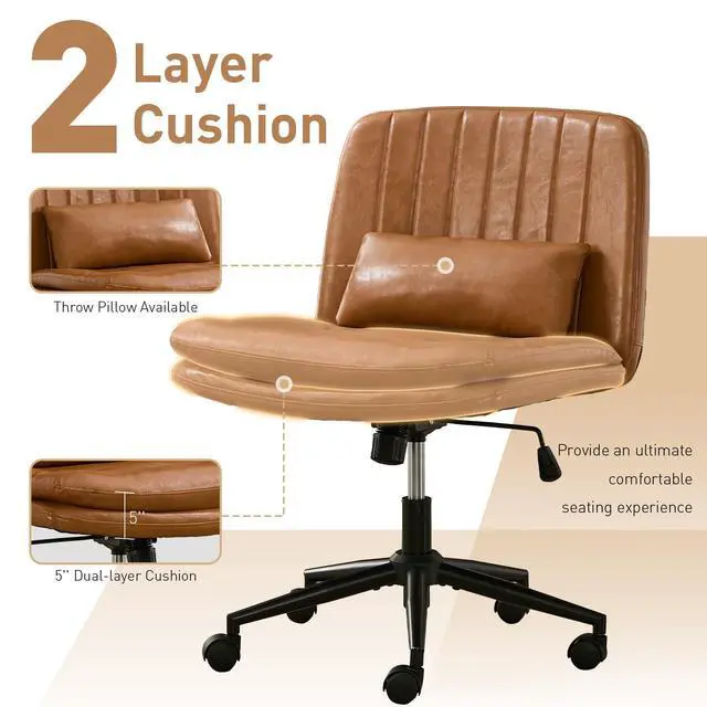 Alt view image 3 of 6 - Dual Layer Criss Cross Legged Chair with Wheels, Comfy Rolling Office Desk Armless Chair with Pillows, Wide Swivel Vanity Chairs Computer Task Chair for Makeup, Bedroom (PU Leather Brown)