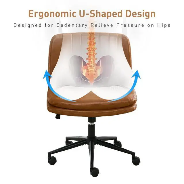 Alt view image 4 of 6 - Dual Layer Criss Cross Legged Chair with Wheels, Comfy Rolling Office Desk Armless Chair with Pillows, Wide Swivel Vanity Chairs Computer Task Chair for Makeup, Bedroom (PU Leather Brown)
