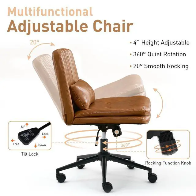 Alt view image 5 of 6 - Dual Layer Criss Cross Legged Chair with Wheels, Comfy Rolling Office Desk Armless Chair with Pillows, Wide Swivel Vanity Chairs Computer Task Chair for Makeup, Bedroom (PU Leather Brown)