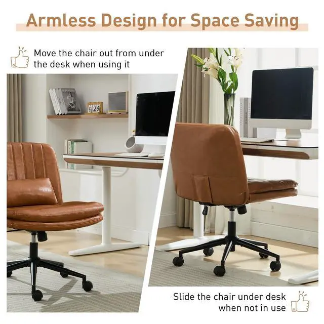 Alt view image 6 of 6 - Dual Layer Criss Cross Legged Chair with Wheels, Comfy Rolling Office Desk Armless Chair with Pillows, Wide Swivel Vanity Chairs Computer Task Chair for Makeup, Bedroom (PU Leather Brown)