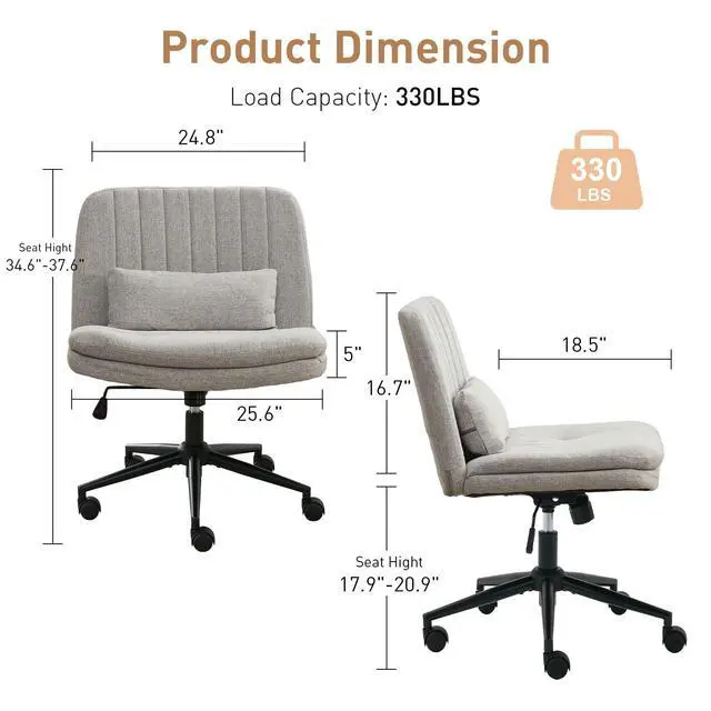 Alt view image 2 of 6 - Dual Layer Criss Cross Legged Chair with Wheels, Comfy Rolling Office Desk Armless Chair with Pillows, Wide Swivel Vanity Chairs Computer Task Chair for Makeup, Bedroom (Linen Fabric Grey)