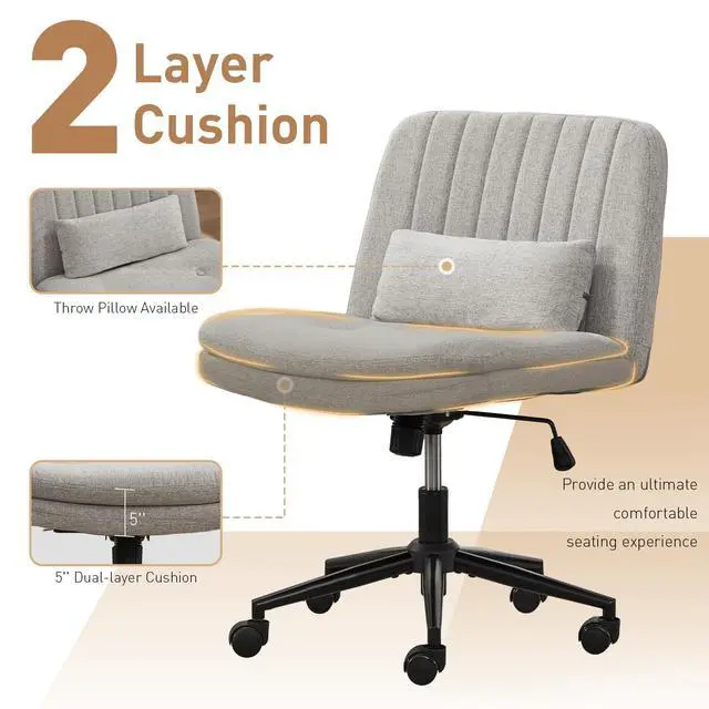 Alt view image 3 of 6 - Dual Layer Criss Cross Legged Chair with Wheels, Comfy Rolling Office Desk Armless Chair with Pillows, Wide Swivel Vanity Chairs Computer Task Chair for Makeup, Bedroom (Linen Fabric Grey)