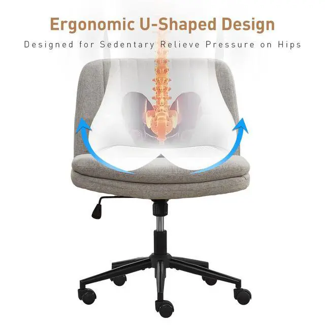 Alt view image 4 of 6 - Dual Layer Criss Cross Legged Chair with Wheels, Comfy Rolling Office Desk Armless Chair with Pillows, Wide Swivel Vanity Chairs Computer Task Chair for Makeup, Bedroom (Linen Fabric Grey)