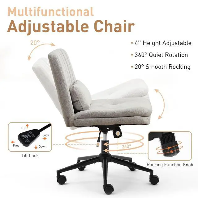 Alt view image 5 of 6 - Dual Layer Criss Cross Legged Chair with Wheels, Comfy Rolling Office Desk Armless Chair with Pillows, Wide Swivel Vanity Chairs Computer Task Chair for Makeup, Bedroom (Linen Fabric Grey)
