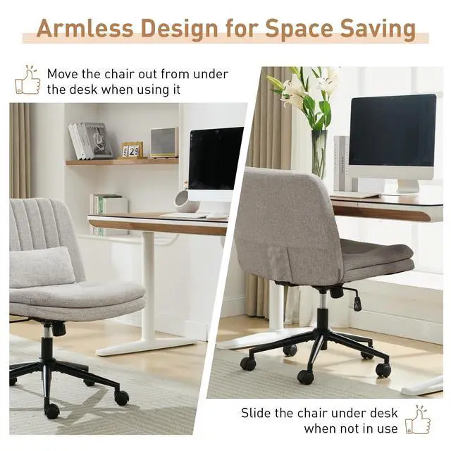 Alt view image 6 of 6 - Dual Layer Criss Cross Legged Chair with Wheels, Comfy Rolling Office Desk Armless Chair with Pillows, Wide Swivel Vanity Chairs Computer Task Chair for Makeup, Bedroom (Linen Fabric Grey)