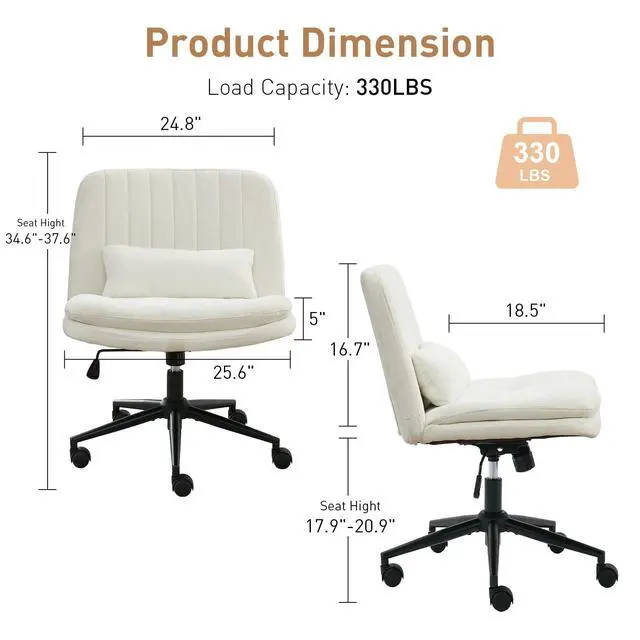 Alt view image 2 of 6 - Dual Layer Criss Cross Legged Chair with Wheels, Comfy Rolling Office Desk Armless Chair with Pillows, Wide Swivel Vanity Chairs Computer Task Chair for Makeup (Chenille Fabric White)