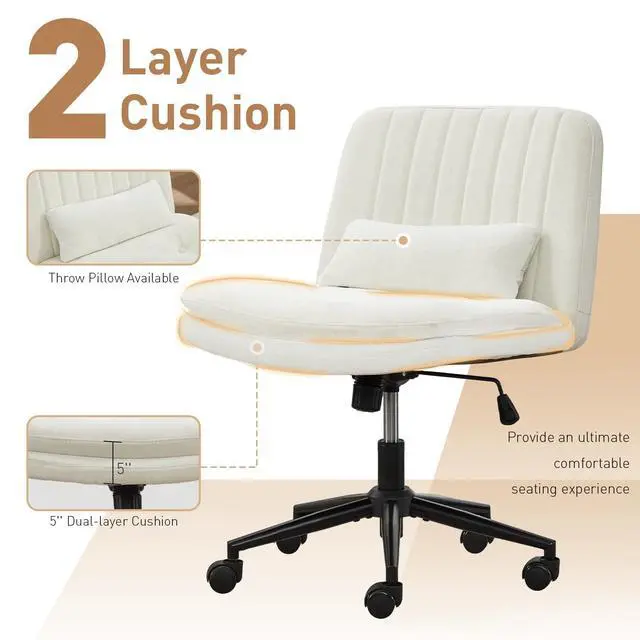 Alt view image 3 of 6 - Dual Layer Criss Cross Legged Chair with Wheels, Comfy Rolling Office Desk Armless Chair with Pillows, Wide Swivel Vanity Chairs Computer Task Chair for Makeup (Chenille Fabric White)