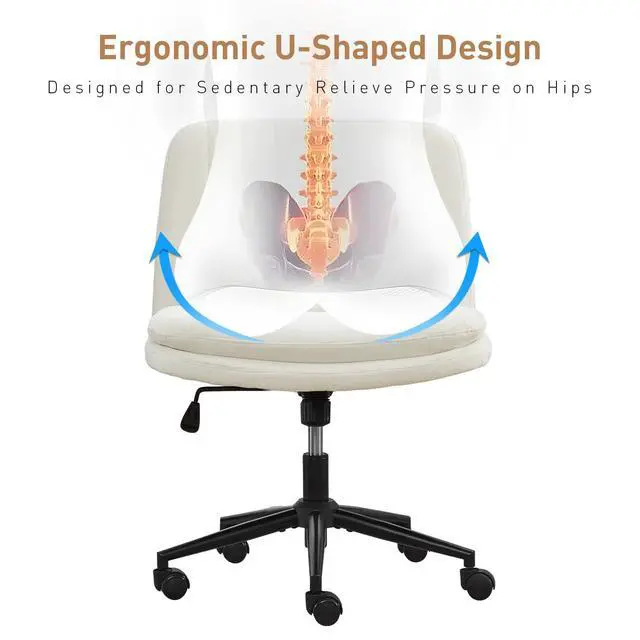 Alt view image 4 of 6 - Dual Layer Criss Cross Legged Chair with Wheels, Comfy Rolling Office Desk Armless Chair with Pillows, Wide Swivel Vanity Chairs Computer Task Chair for Makeup (Chenille Fabric White)