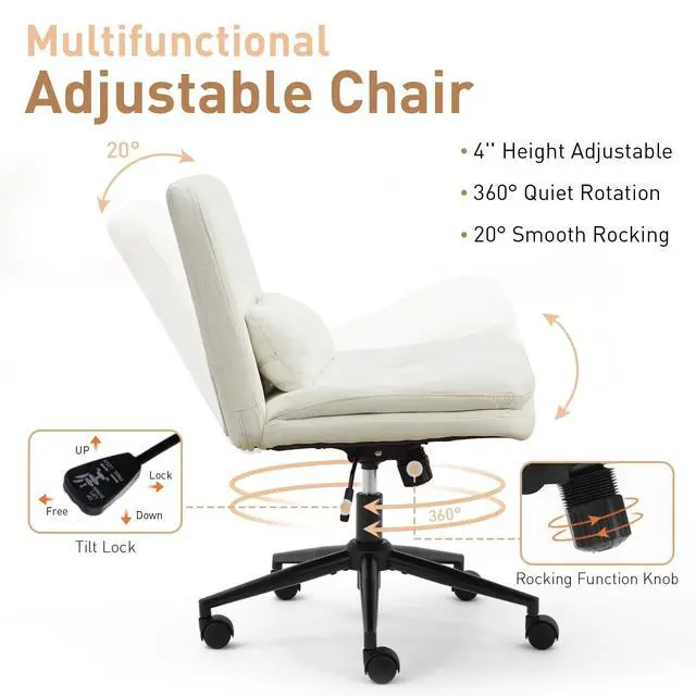 Alt view image 5 of 6 - Dual Layer Criss Cross Legged Chair with Wheels, Comfy Rolling Office Desk Armless Chair with Pillows, Wide Swivel Vanity Chairs Computer Task Chair for Makeup (Chenille Fabric White)