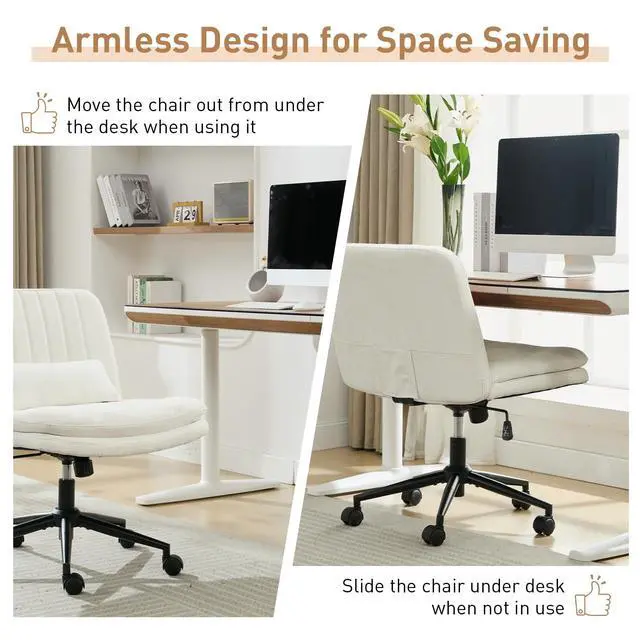 Alt view image 6 of 6 - Dual Layer Criss Cross Legged Chair with Wheels, Comfy Rolling Office Desk Armless Chair with Pillows, Wide Swivel Vanity Chairs Computer Task Chair for Makeup (Chenille Fabric White)