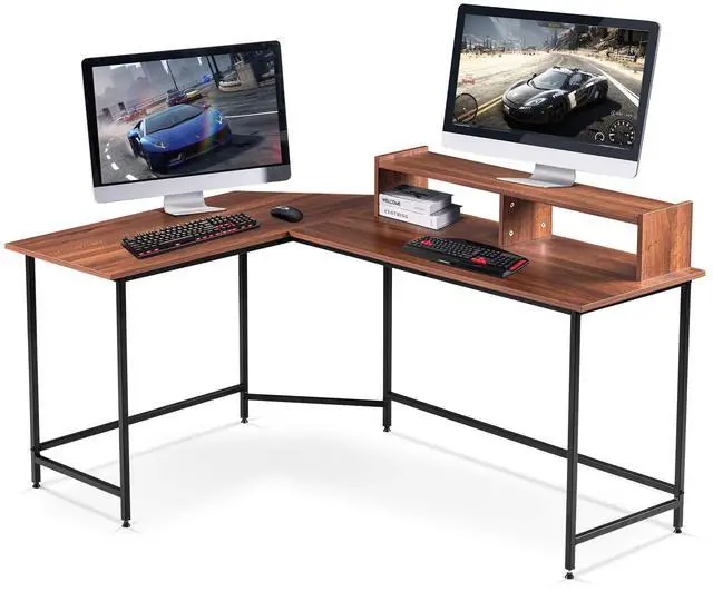 Main image of L-Shaped Computer Office Desk, Modern Gaming Corner Desk with Monitor Stand, Home Office Study Writing Table Workstation for Small Spaces 6404 (Brown)