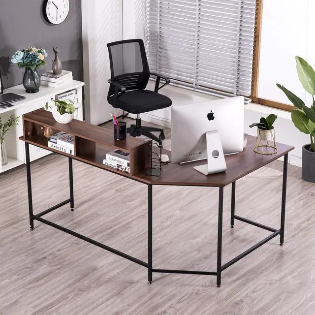 Alt view image 2 of 6 - L-Shaped Computer Office Desk, Modern Gaming Corner Desk with Monitor Stand, Home Office Study Writing Table Workstation for Small Spaces 6404 (Brown)