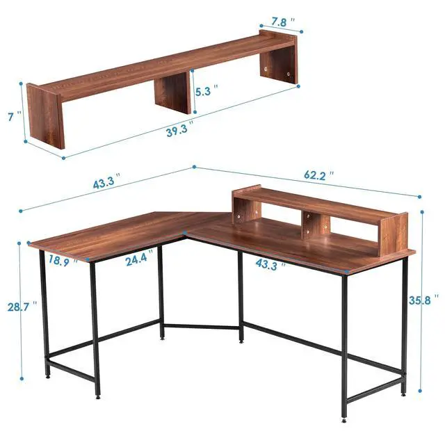 Alt view image 3 of 6 - L-Shaped Computer Office Desk, Modern Gaming Corner Desk with Monitor Stand, Home Office Study Writing Table Workstation for Small Spaces 6404 (Brown)