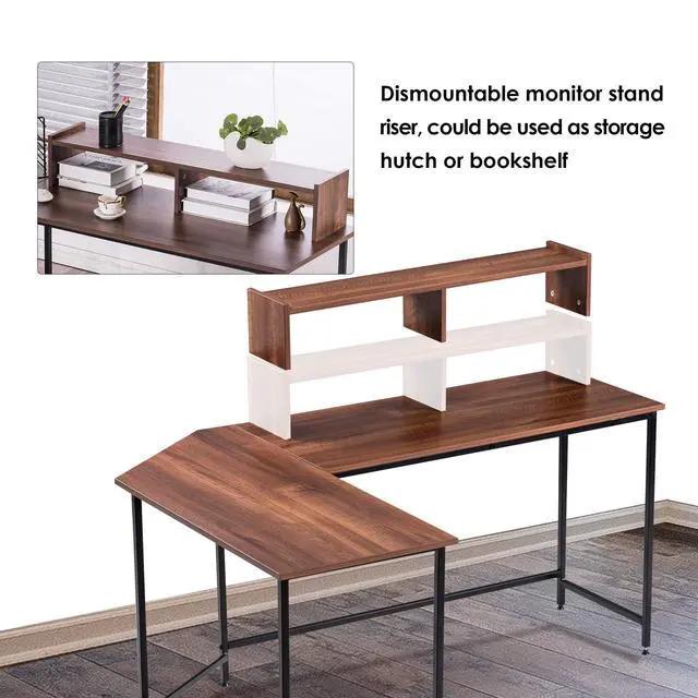 Alt view image 5 of 6 - L-Shaped Computer Office Desk, Modern Gaming Corner Desk with Monitor Stand, Home Office Study Writing Table Workstation for Small Spaces 6404 (Brown)