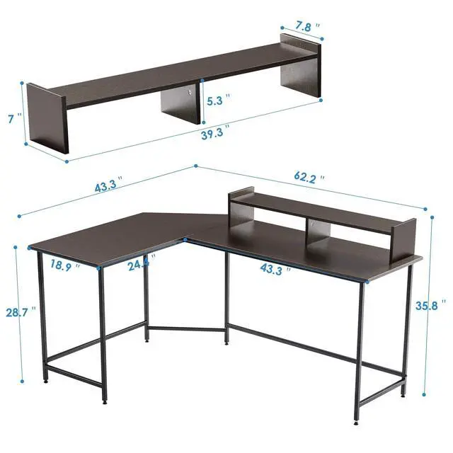 Alt view image 2 of 6 - L Shaped Desk, 62.2" Modern Corner Computer Desk with Monitor Stand for Small Spaces Living Room Home Office Bedroom 6404 (Dark Brown)