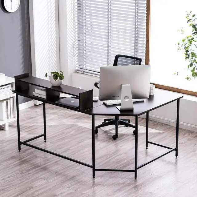 Alt view image 6 of 6 - L Shaped Desk, 62.2" Modern Corner Computer Desk with Monitor Stand for Small Spaces Living Room Home Office Bedroom 6404 (Dark Brown)