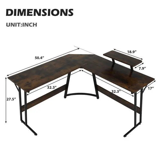 Alt view image 2 of 6 - L Shaped Gaming Desk Modern Computer Desk, Home Office Desks with Large Monitor Riser Stand, Sturdy PC Desk for Bedroom Minimalist Brown 50Inch