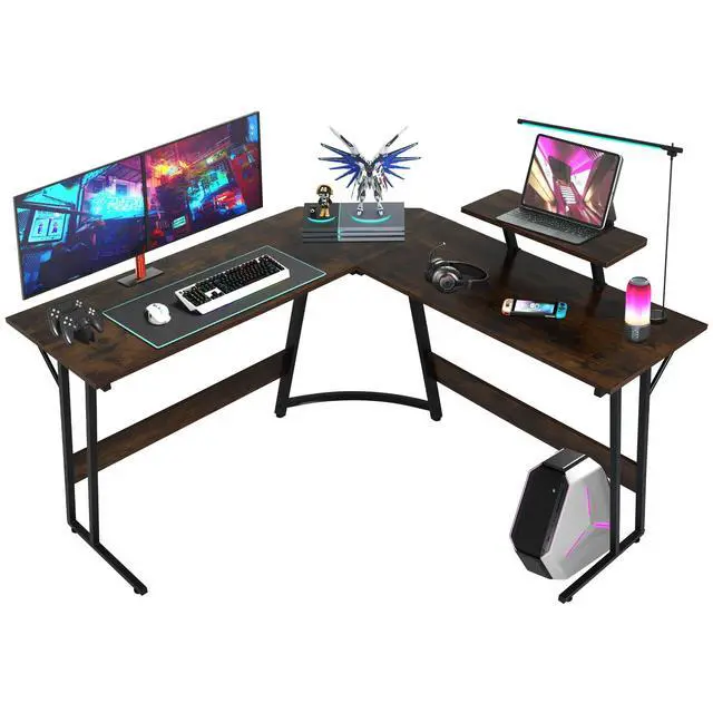 Alt view image 3 of 6 - L Shaped Gaming Desk Modern Computer Desk, Home Office Desks with Large Monitor Riser Stand, Sturdy PC Desk for Bedroom Minimalist Brown 50Inch