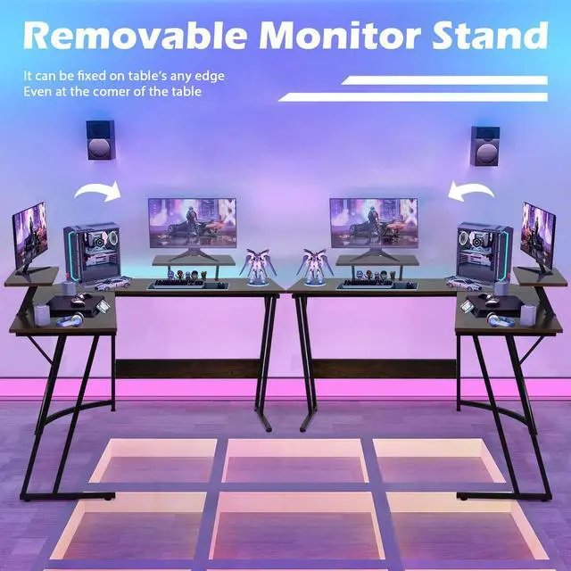 Alt view image 4 of 6 - L Shaped Gaming Desk Modern Computer Desk, Home Office Desks with Large Monitor Riser Stand, Sturdy PC Desk for Bedroom Minimalist Brown 50Inch