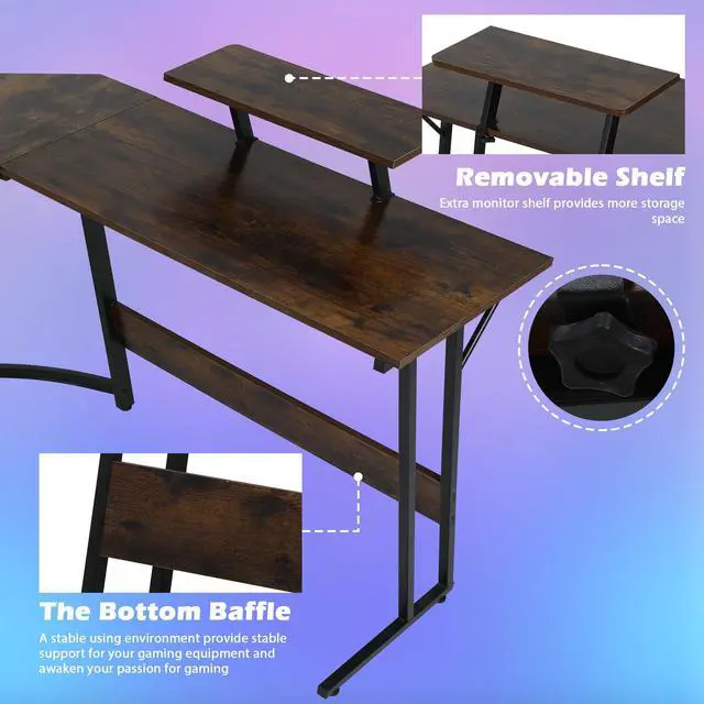 Alt view image 6 of 6 - L Shaped Gaming Desk Modern Computer Desk, Home Office Desks with Large Monitor Riser Stand, Sturdy PC Desk for Bedroom Minimalist Brown 50Inch