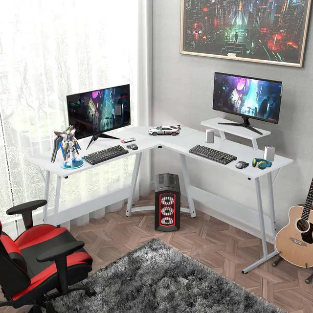 Main image of L Shaped Gaming Desk, Modern Computer Desk, Home Office Desks with Large Monitor Riser Stand, Sturdy PC Desk for Bedroom Minimalist White 50Inch