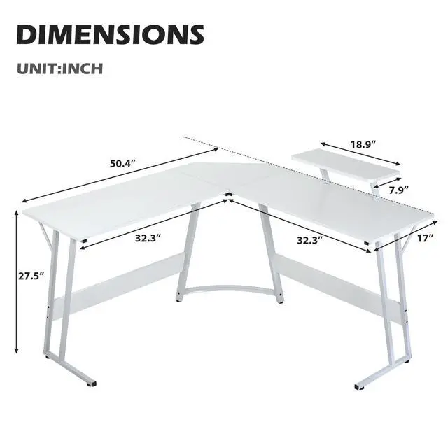 Alt view image 2 of 6 - L Shaped Gaming Desk, Modern Computer Desk, Home Office Desks with Large Monitor Riser Stand, Sturdy PC Desk for Bedroom Minimalist White 50Inch
