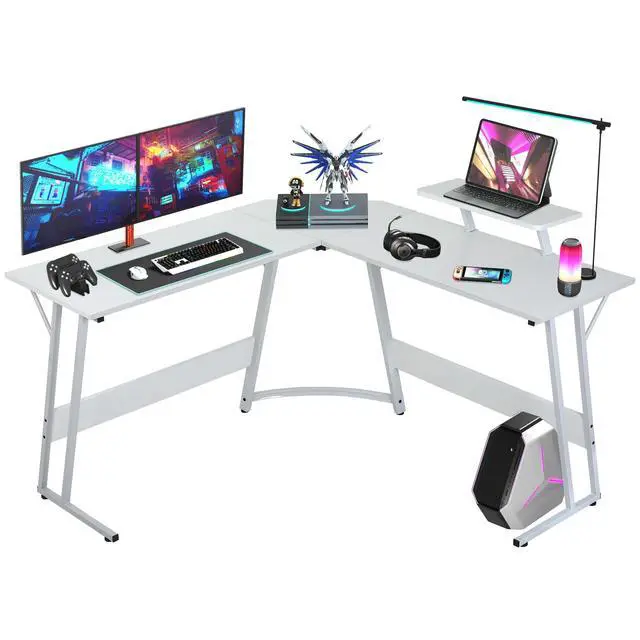 Alt view image 3 of 6 - L Shaped Gaming Desk, Modern Computer Desk, Home Office Desks with Large Monitor Riser Stand, Sturdy PC Desk for Bedroom Minimalist White 50Inch