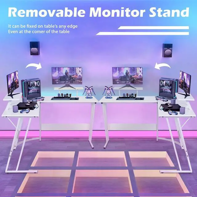 Alt view image 4 of 6 - L Shaped Gaming Desk, Modern Computer Desk, Home Office Desks with Large Monitor Riser Stand, Sturdy PC Desk for Bedroom Minimalist White 50Inch