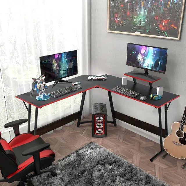 Main image of L Shaped Gaming Desk Modern Computer Desk, Home Office Desks with Large Monitor Riser Stand, Sturdy PC Desk for Bedroom Minimalist Black 50Inch