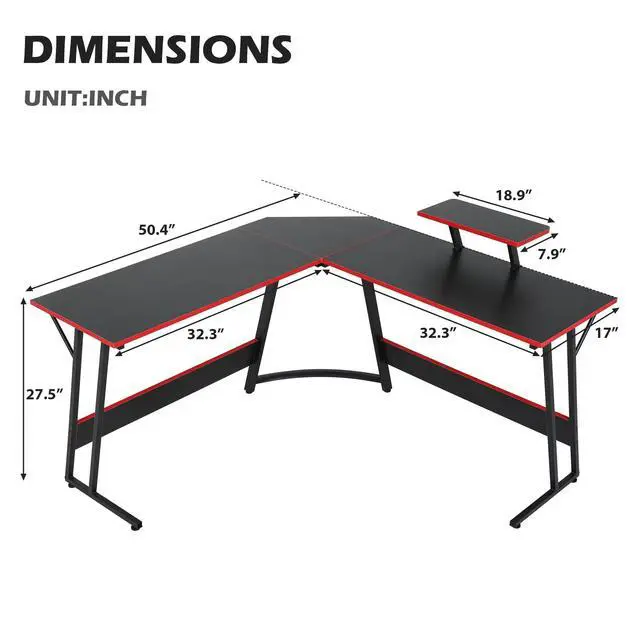 Alt view image 2 of 6 - L Shaped Gaming Desk Modern Computer Desk, Home Office Desks with Large Monitor Riser Stand, Sturdy PC Desk for Bedroom Minimalist Black 50Inch