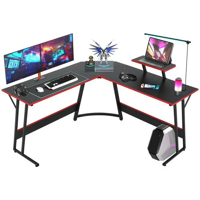 Alt view image 3 of 6 - L Shaped Gaming Desk Modern Computer Desk, Home Office Desks with Large Monitor Riser Stand, Sturdy PC Desk for Bedroom Minimalist Black 50Inch