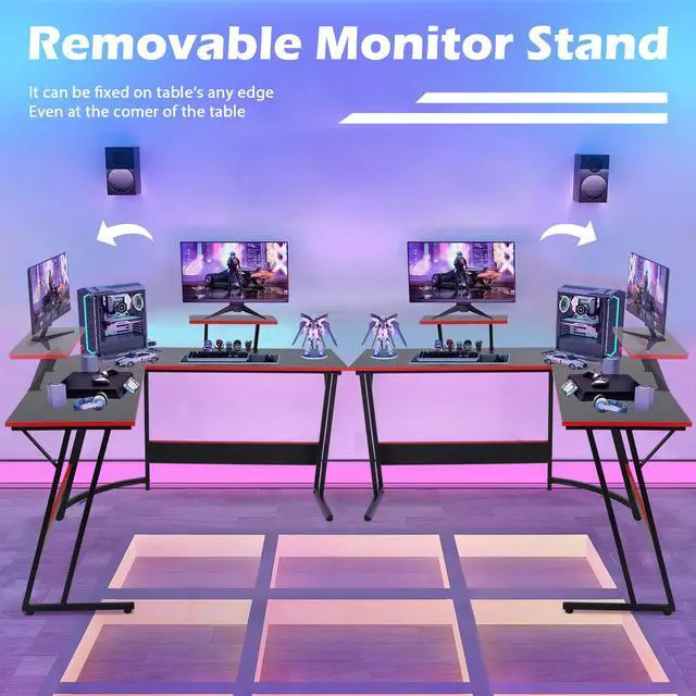 Alt view image 4 of 6 - L Shaped Gaming Desk Modern Computer Desk, Home Office Desks with Large Monitor Riser Stand, Sturdy PC Desk for Bedroom Minimalist Black 50Inch