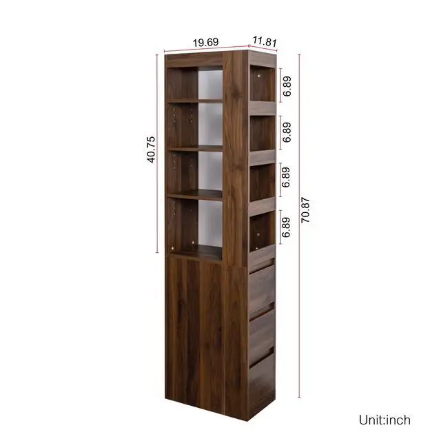 Alt view image 2 of 6 - 70.87" Tall Display Storage Cabinet, 4-Tier Shelf Bookcase with 3 Side Drawers & 4 Small Display Shelves, Modern Wooden Bookshelf for Living Room Home Office,Walnut