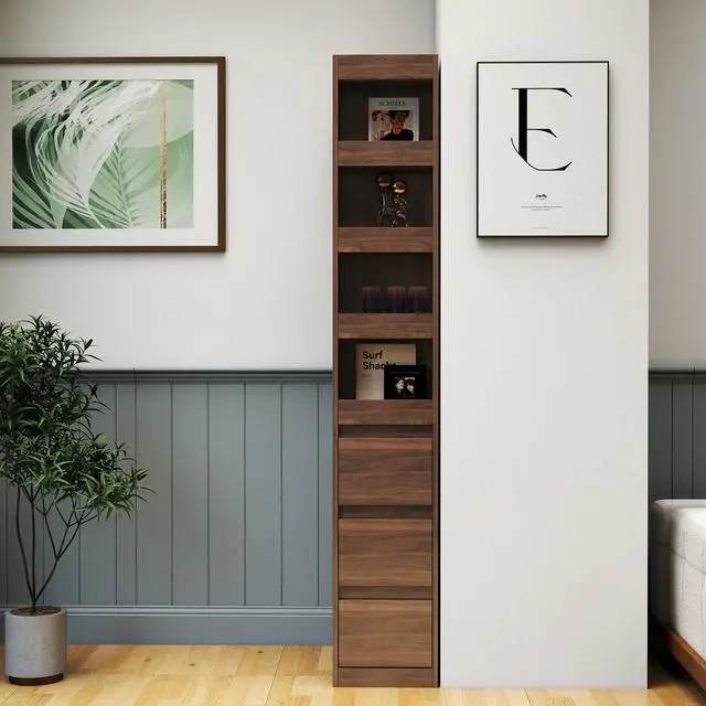 Alt view image 3 of 6 - 70.87" Tall Display Storage Cabinet, 4-Tier Shelf Bookcase with 3 Side Drawers & 4 Small Display Shelves, Modern Wooden Bookshelf for Living Room Home Office,Walnut