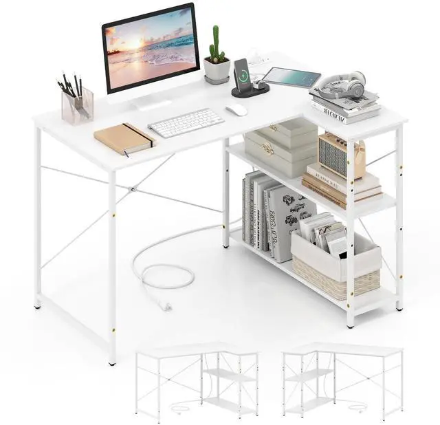 Main image of L-Shaped Computer Desk with Power Outlets, USB & Type C Charging Port, Reversible Corner Desk with Adjustable Shelf, Heavy-Duty Metal Frame, Study Writing Table for Home Office
