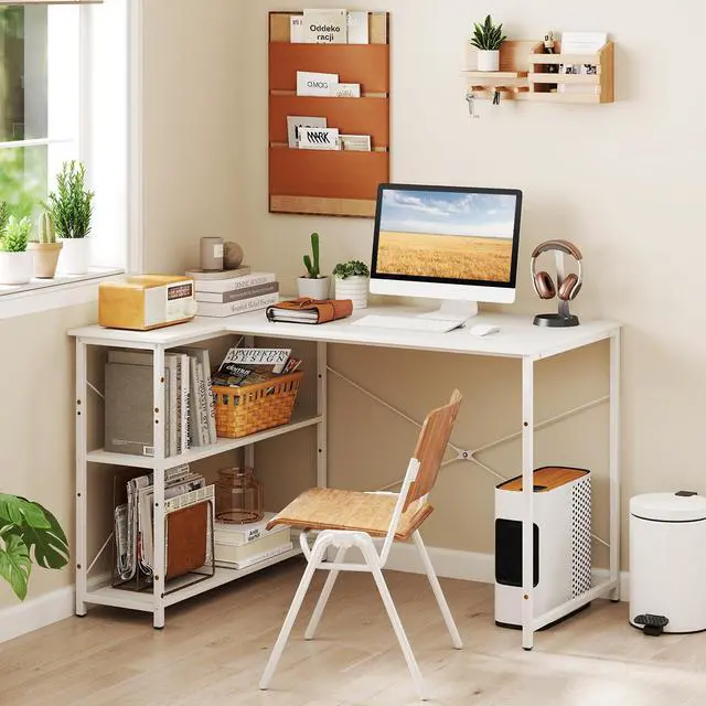 Alt view image 2 of 6 - L-Shaped Computer Desk with Power Outlets, USB & Type C Charging Port, Reversible Corner Desk with Adjustable Shelf, Heavy-Duty Metal Frame, Study Writing Table for Home Office