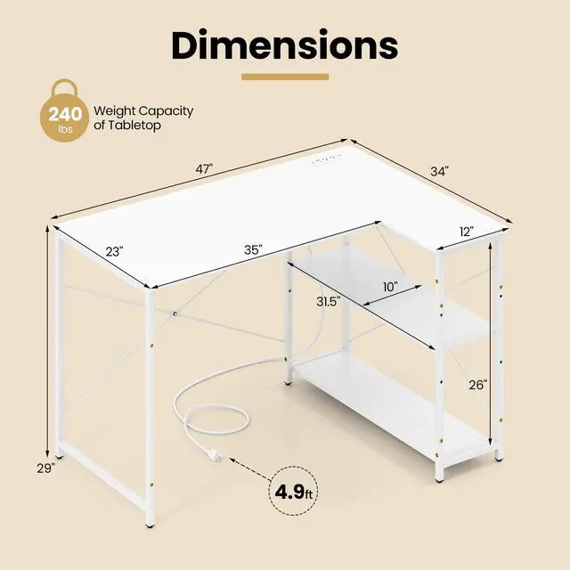 Alt view image 3 of 6 - L-Shaped Computer Desk with Power Outlets, USB & Type C Charging Port, Reversible Corner Desk with Adjustable Shelf, Heavy-Duty Metal Frame, Study Writing Table for Home Office