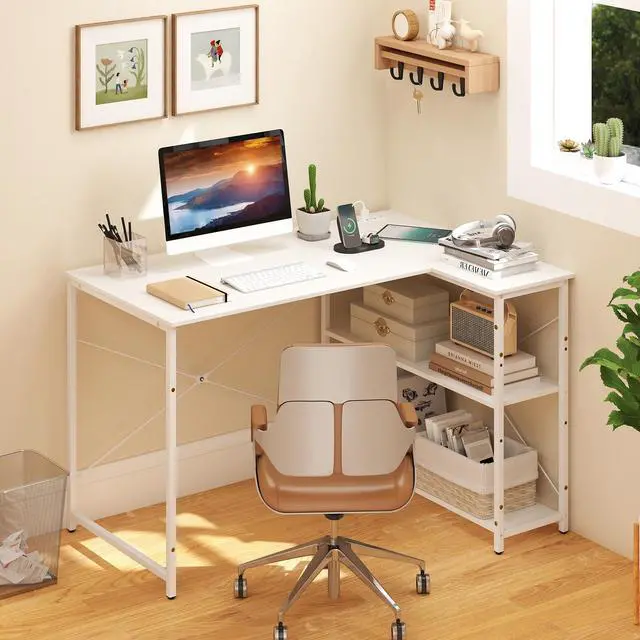 Alt view image 4 of 6 - L-Shaped Computer Desk with Power Outlets, USB & Type C Charging Port, Reversible Corner Desk with Adjustable Shelf, Heavy-Duty Metal Frame, Study Writing Table for Home Office