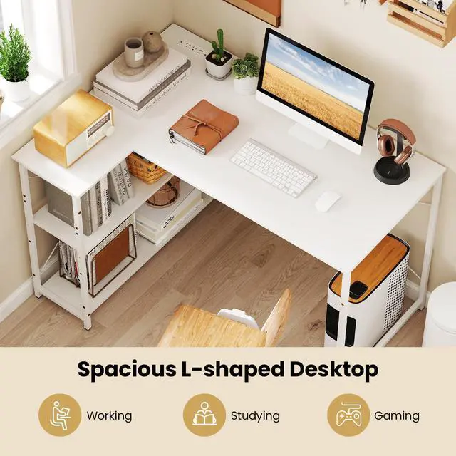 Alt view image 5 of 6 - L-Shaped Computer Desk with Power Outlets, USB & Type C Charging Port, Reversible Corner Desk with Adjustable Shelf, Heavy-Duty Metal Frame, Study Writing Table for Home Office