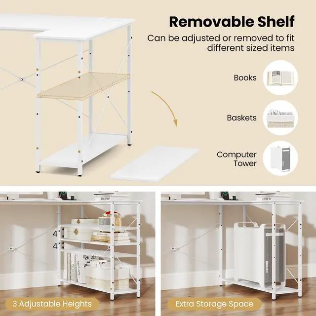 Alt view image 6 of 6 - L-Shaped Computer Desk with Power Outlets, USB & Type C Charging Port, Reversible Corner Desk with Adjustable Shelf, Heavy-Duty Metal Frame, Study Writing Table for Home Office
