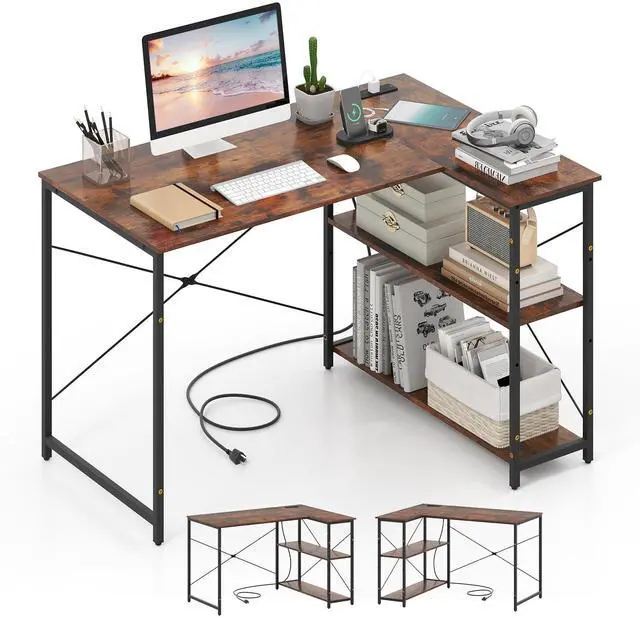 Main image of L-Shaped Computer Desk with Power Outlets, USB & Type C Charging Port, Reversible Corner Desk with Adjustable Shelf, Heavy-Duty Metal Frame, Study Writing Table for Home Office
